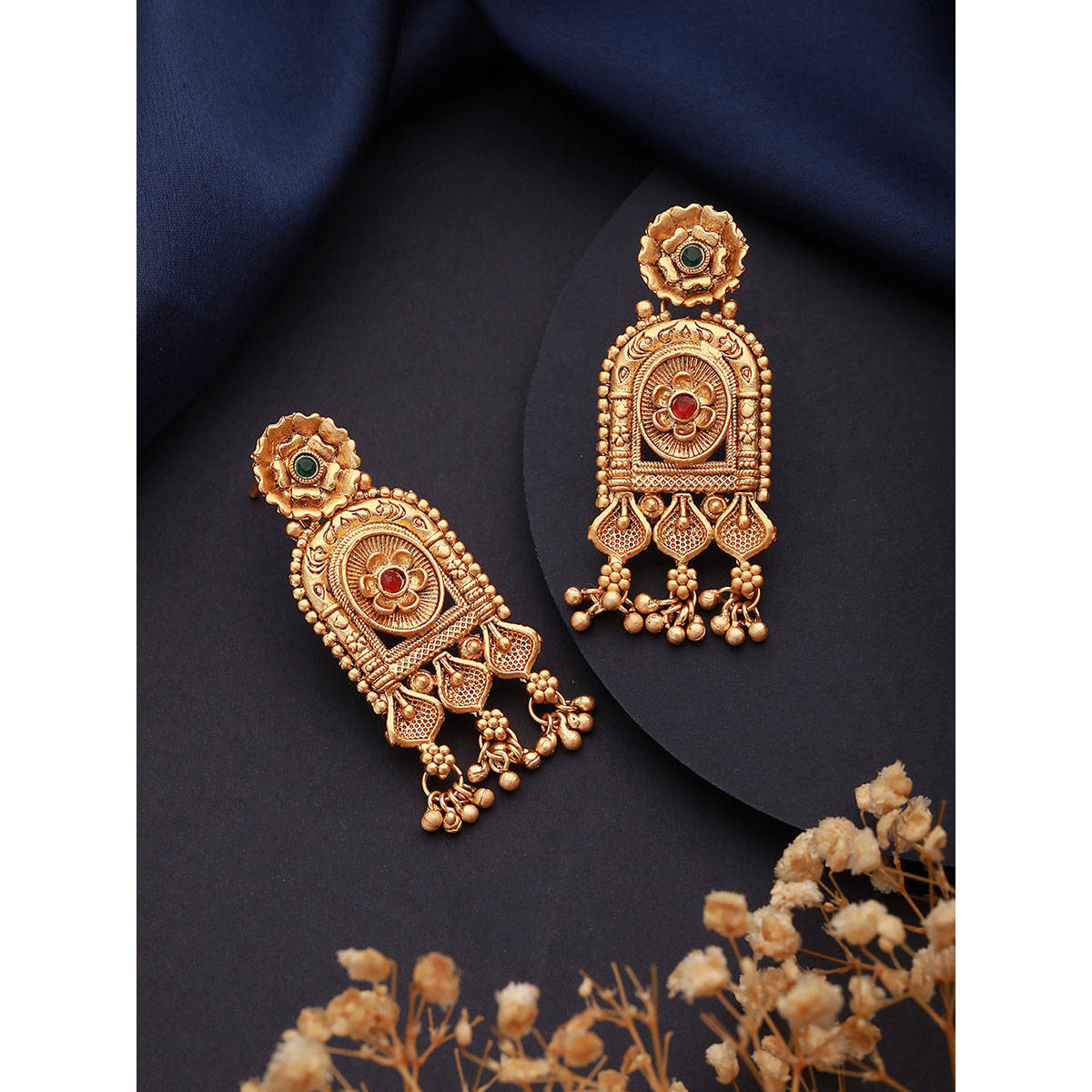 Aatmana Gold Plated Green and Red Stone-Studded Classic Drop Earrings