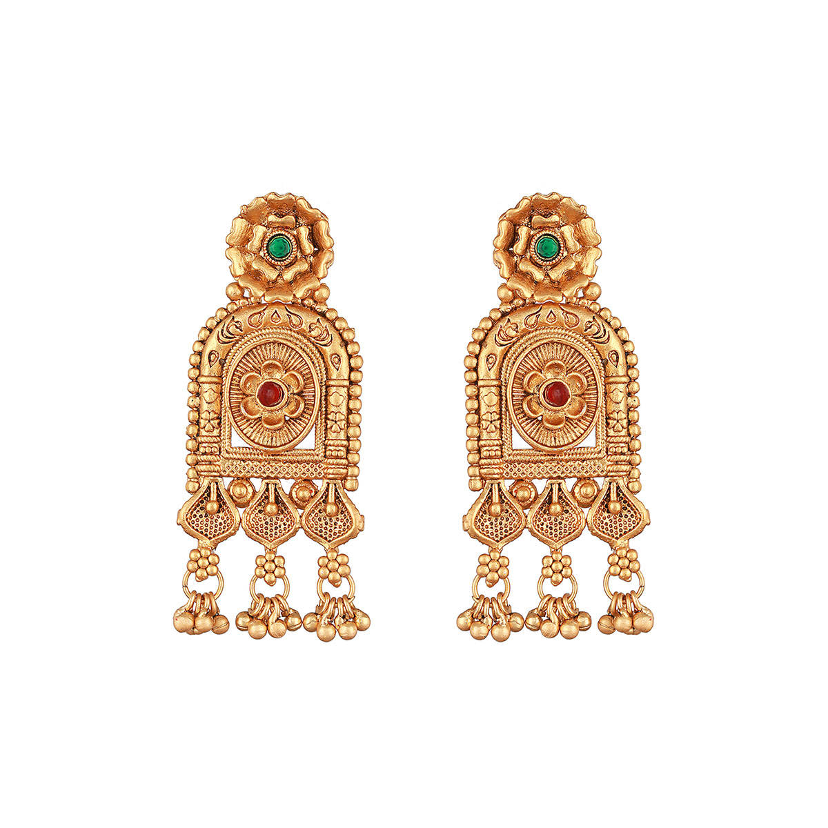 Aatmana Gold Plated Green and Red Stone-Studded Classic Drop Earrings