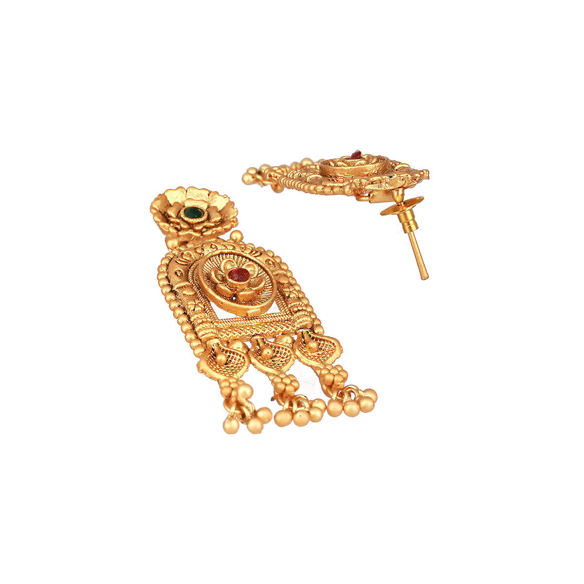 Aatmana Gold Plated Green and Red Stone-Studded Classic Drop Earrings