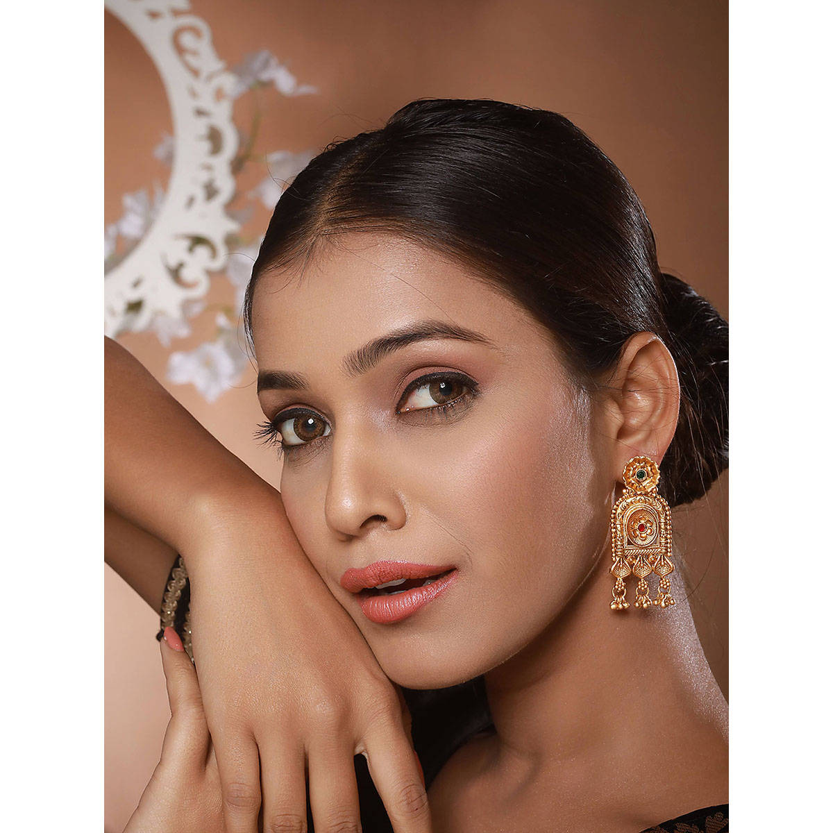 Aatmana Gold Plated Green and Red Stone-Studded Classic Drop Earrings