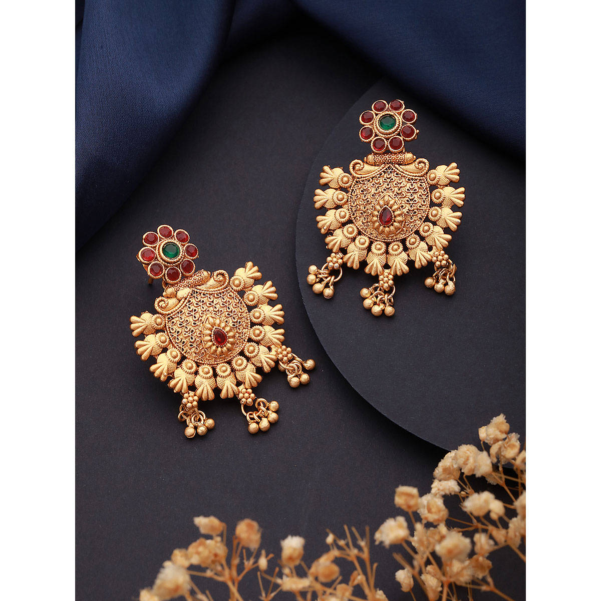Aatmana Gold Plated Red and Green Stone-Studded Chandbali Earrings