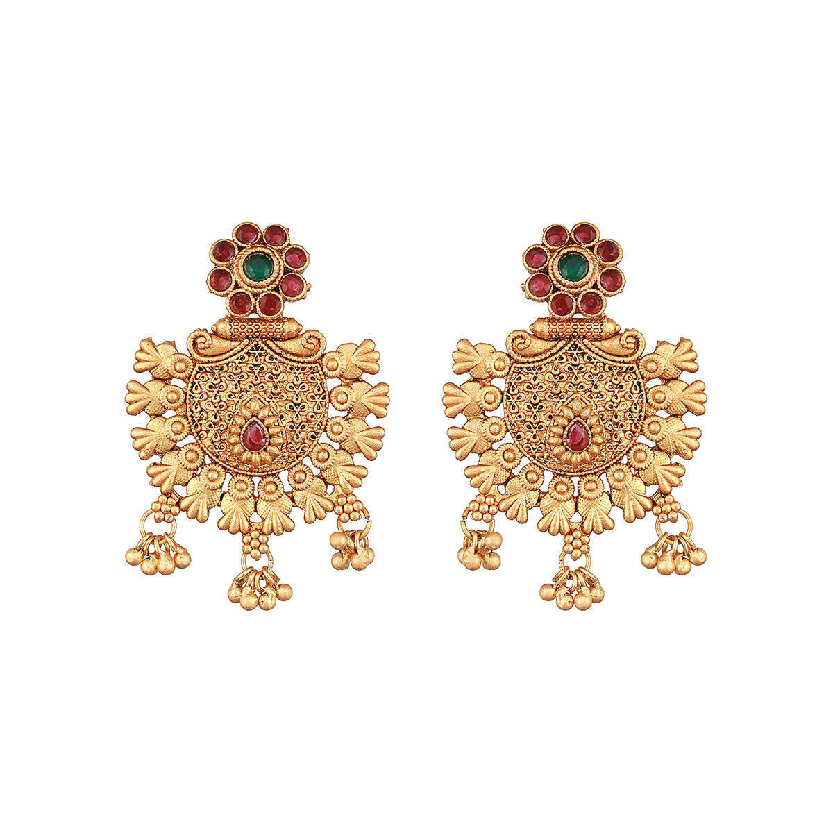 Aatmana Gold Plated Red and Green Stone-Studded Chandbali Earrings