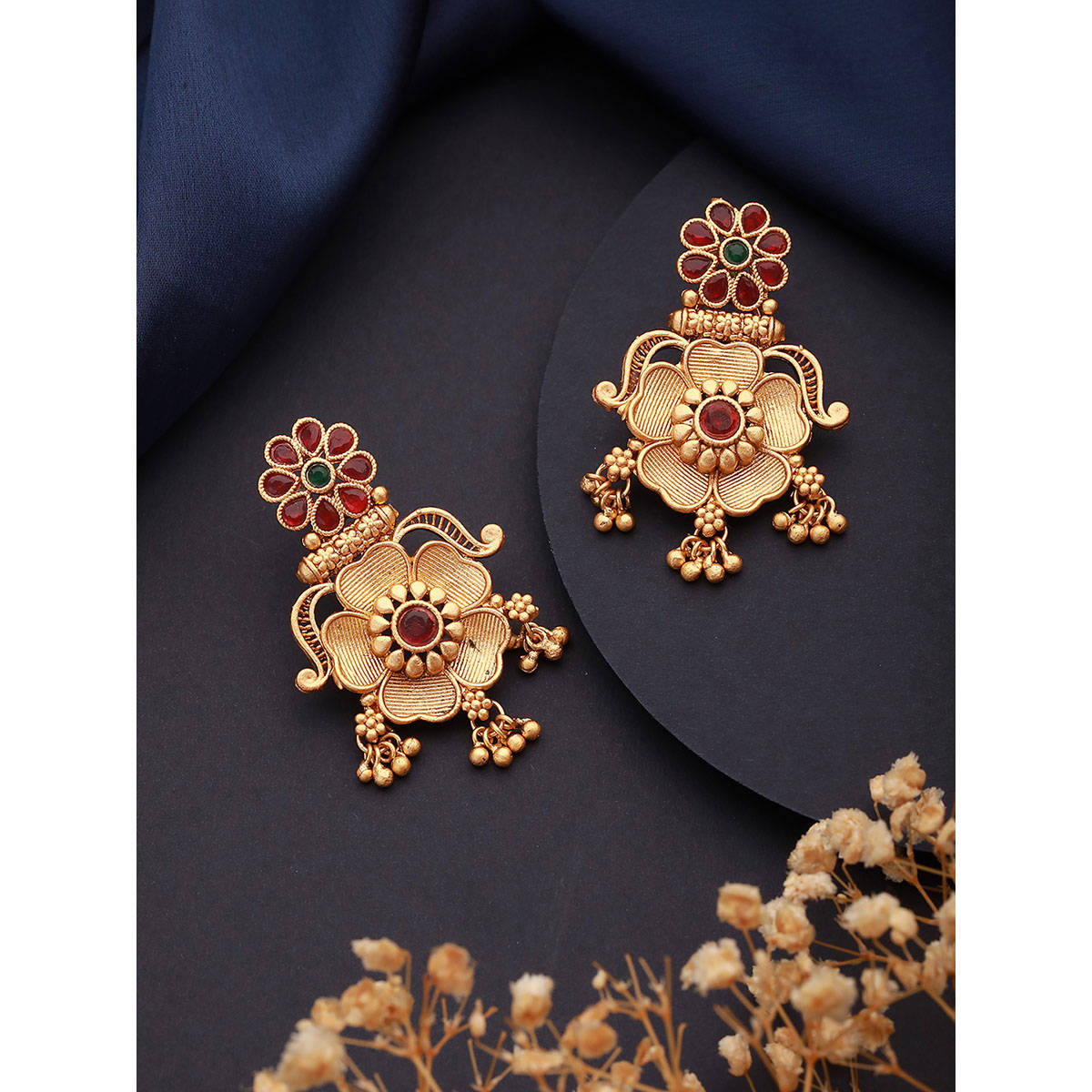 Aatmana Gold Plated Red Stone-Studded Floral Drop Earrings