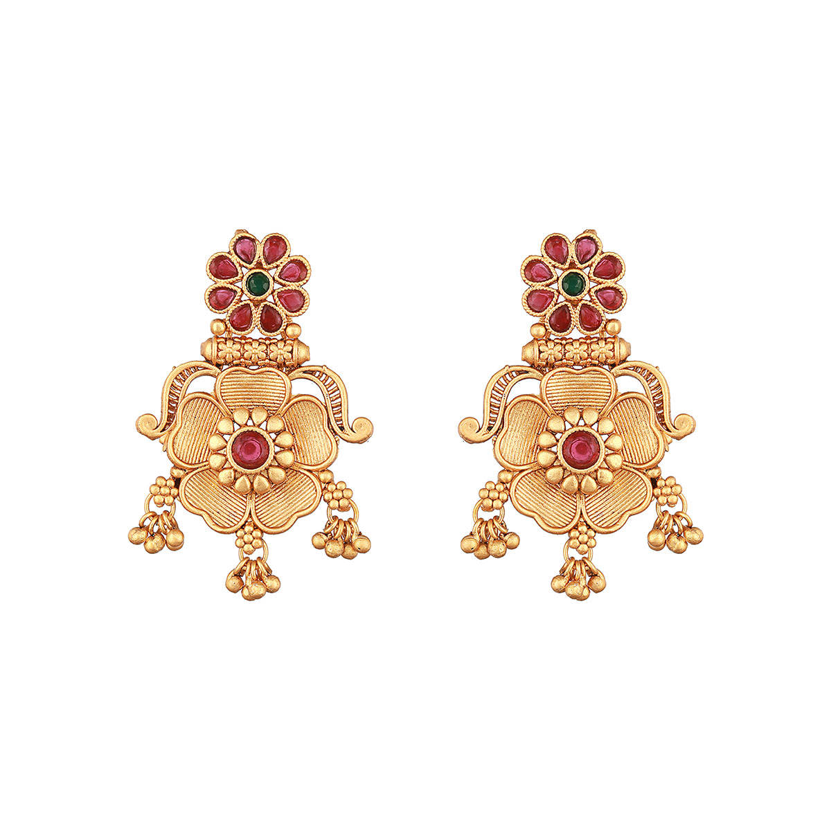Aatmana Gold Plated Red Stone-Studded Floral Drop Earrings