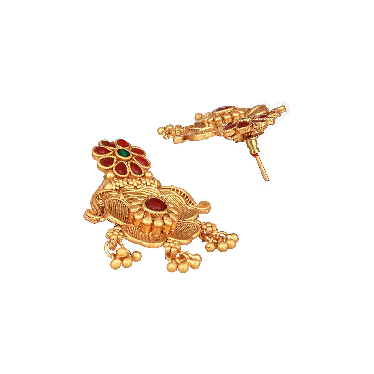 Aatmana Gold Plated Red Stone-Studded Floral Drop Earrings
