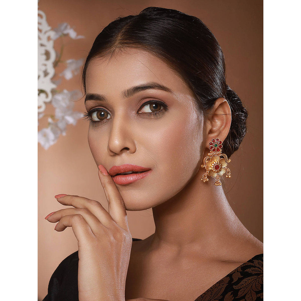 Aatmana Gold Plated Red Stone-Studded Floral Drop Earrings