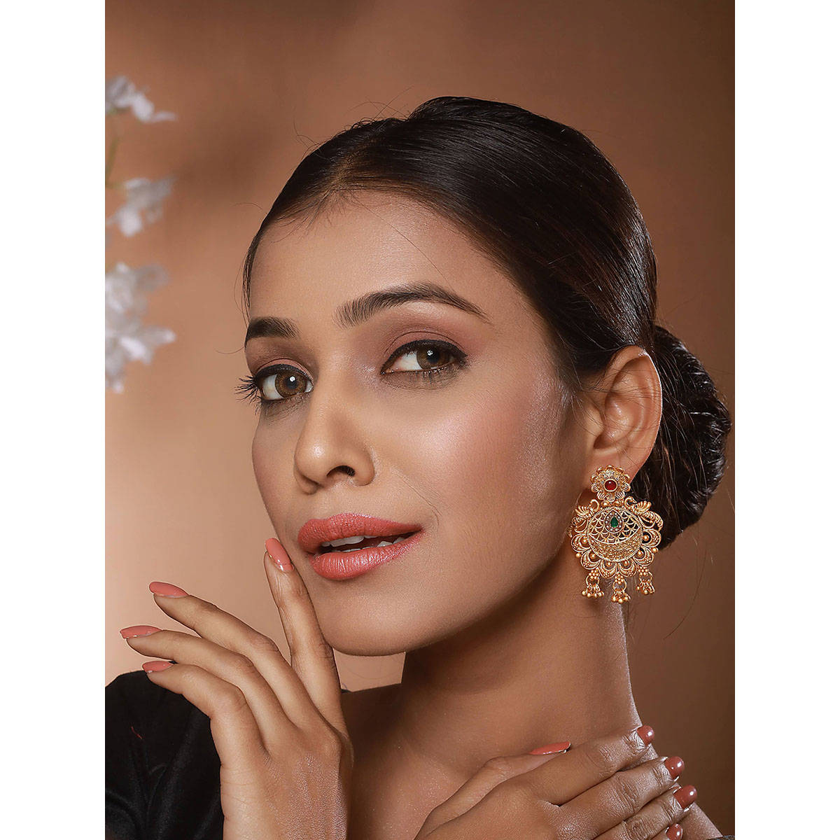 Aatmana Gold Plated Multi Stone-Studded Filgiree Chandbali Earrings