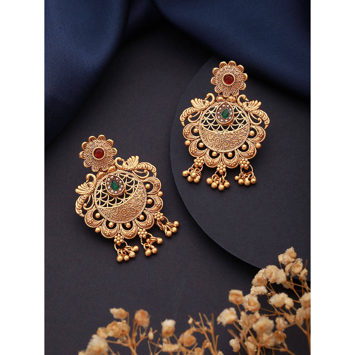 Aatmana Gold Plated Multi Stone-Studded Filgiree Chandbali Earrings · One Size