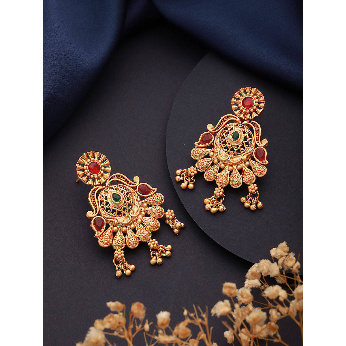Aatmana Gold Plated Red Stone-Studded Filgiree Chandbali Earrings