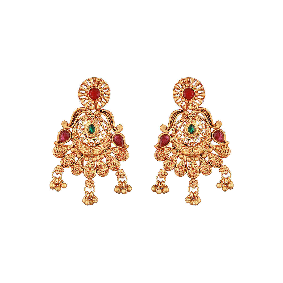 Aatmana Gold Plated Red Stone-Studded Filgiree Chandbali Earrings