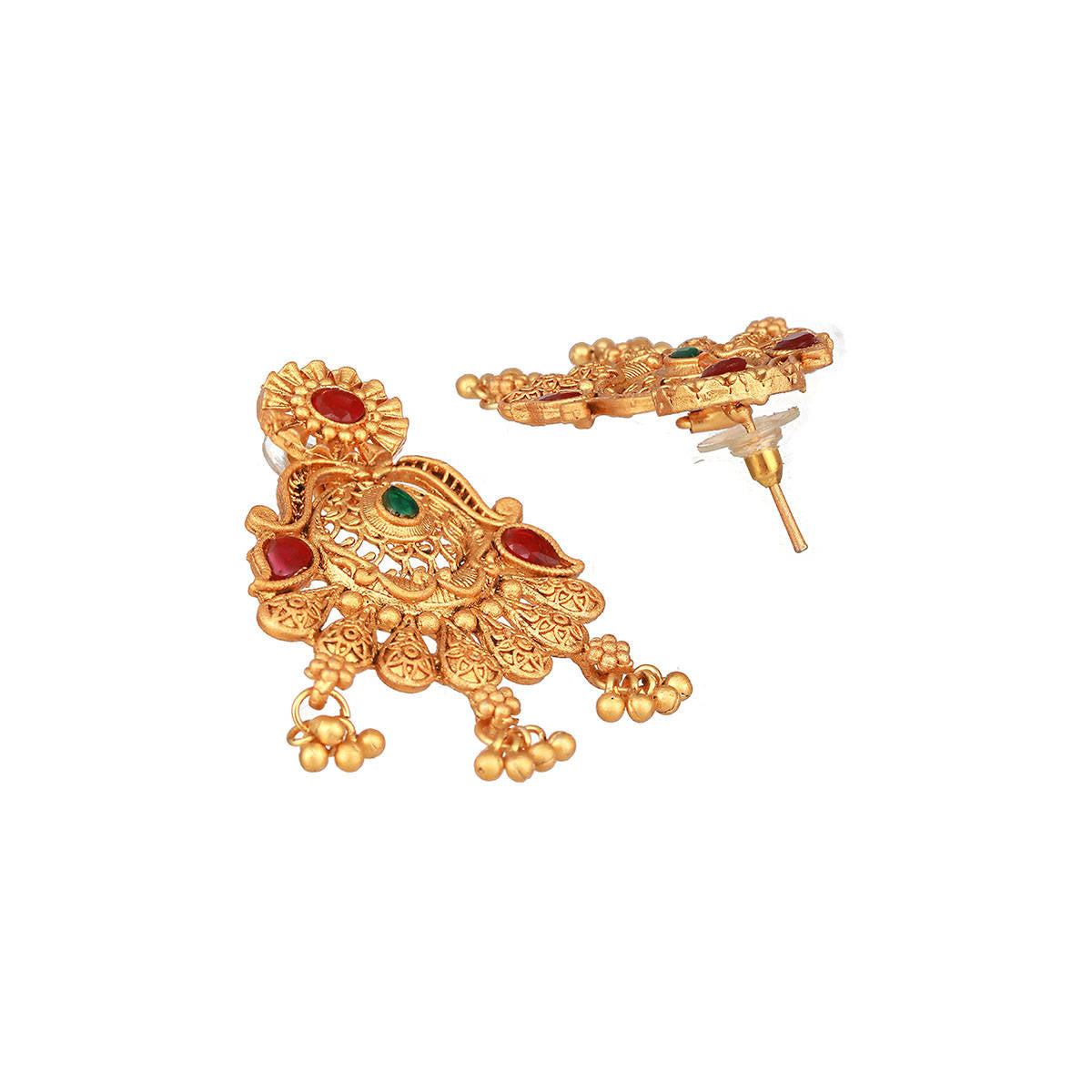 Aatmana Gold Plated Red Stone-Studded Filgiree Chandbali Earrings