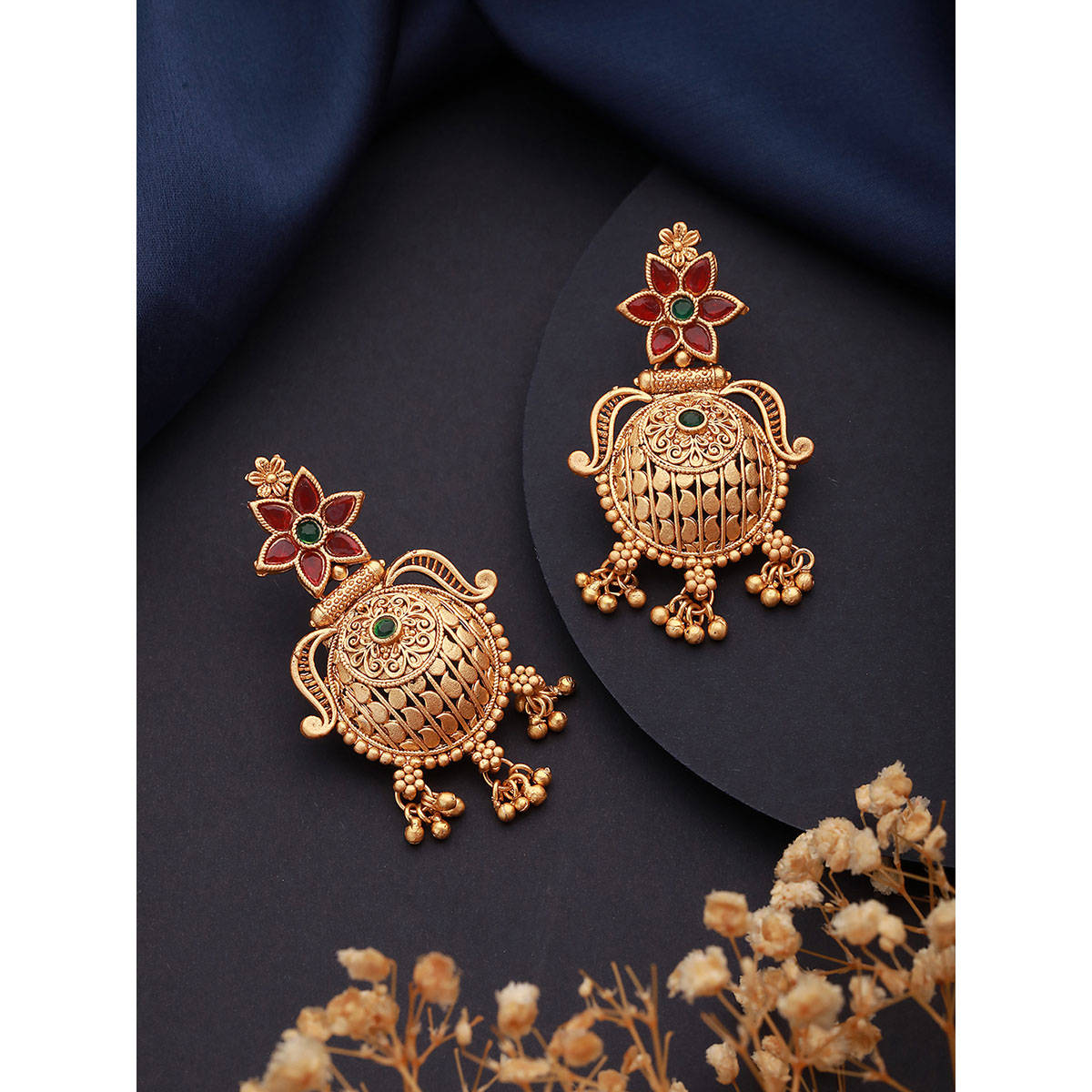 Aatmana Gold Plated Red and Green Stone-Studded Textured Drop Earrings