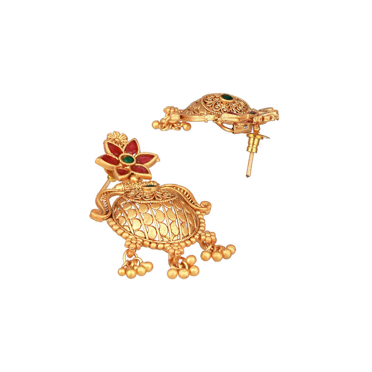Aatmana Gold Plated Red and Green Stone-Studded Textured Drop Earrings