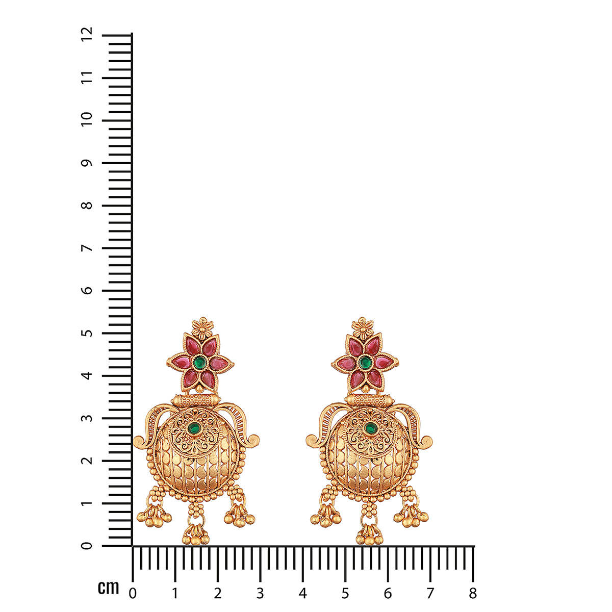 Aatmana Gold Plated Red and Green Stone-Studded Textured Drop Earrings