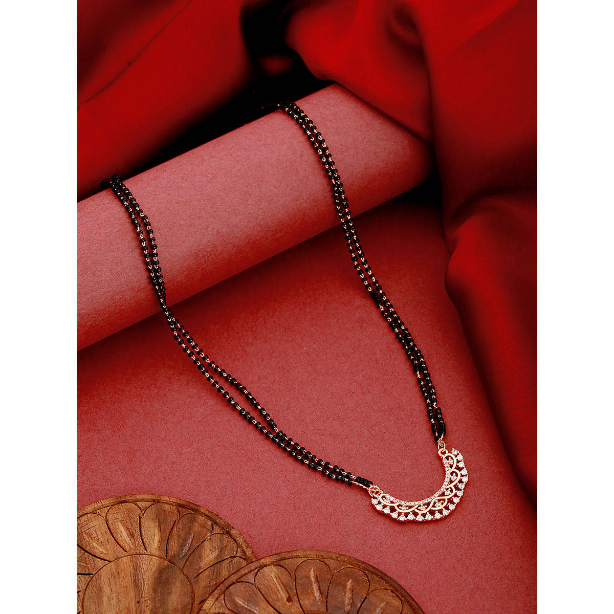 Aatmana Black Rose Gold-Plated Ad-Studded and Beaded Mangalsutra