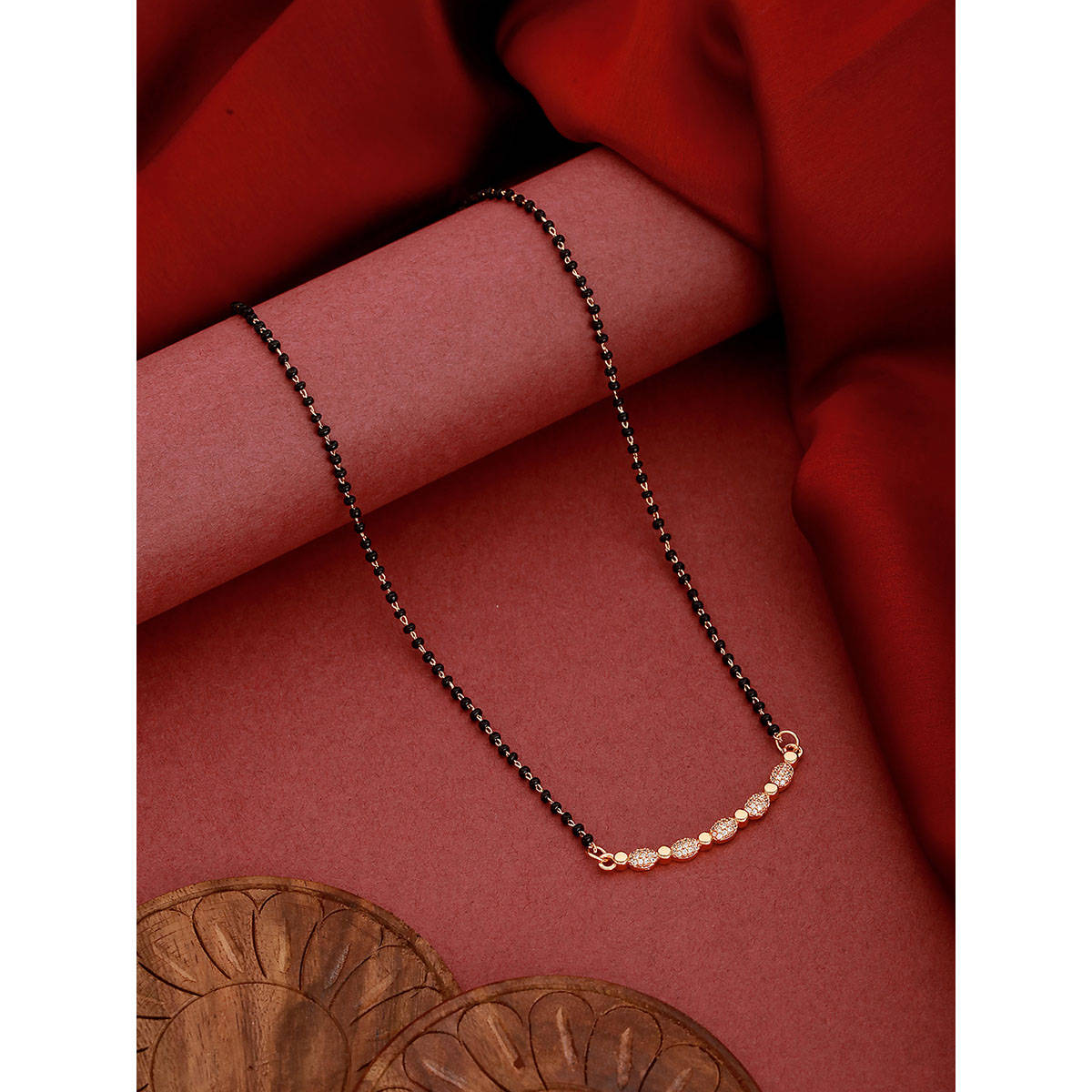 Aatmana Rose Gold-Plated Black Beaded and Ad-Studded Mangalsutra