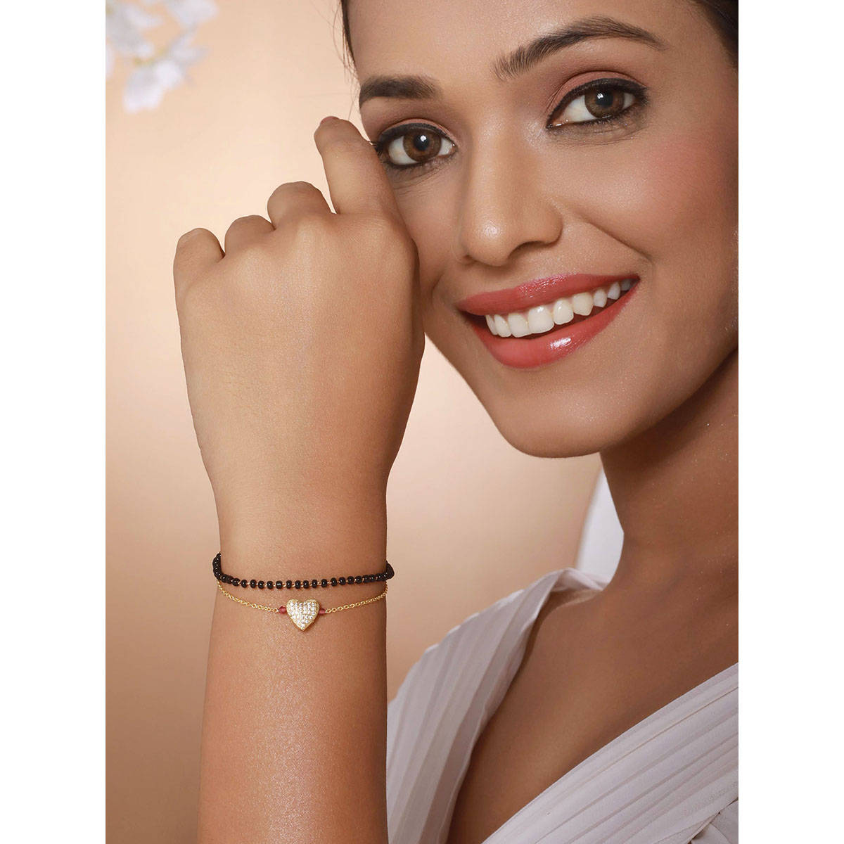 Aatmana Gold-Plated Black Beaded Wrap Around Heart Shaped Mangalsutra Bracelet
