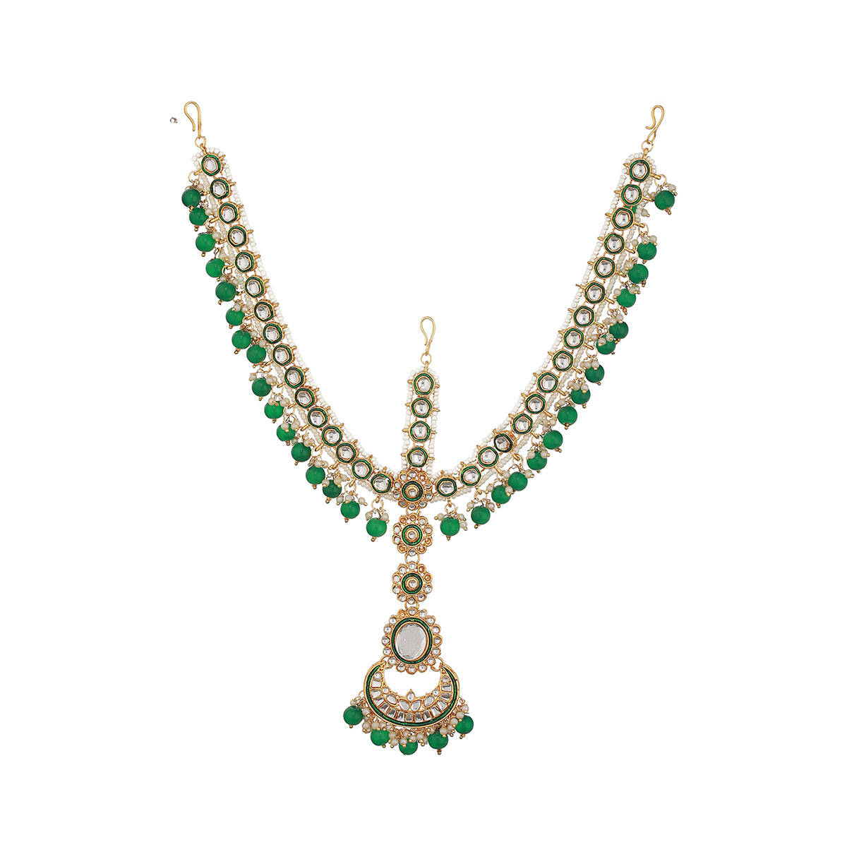 Aatmana Gold-Plated Green Pearls Stone Studded Mathapatti