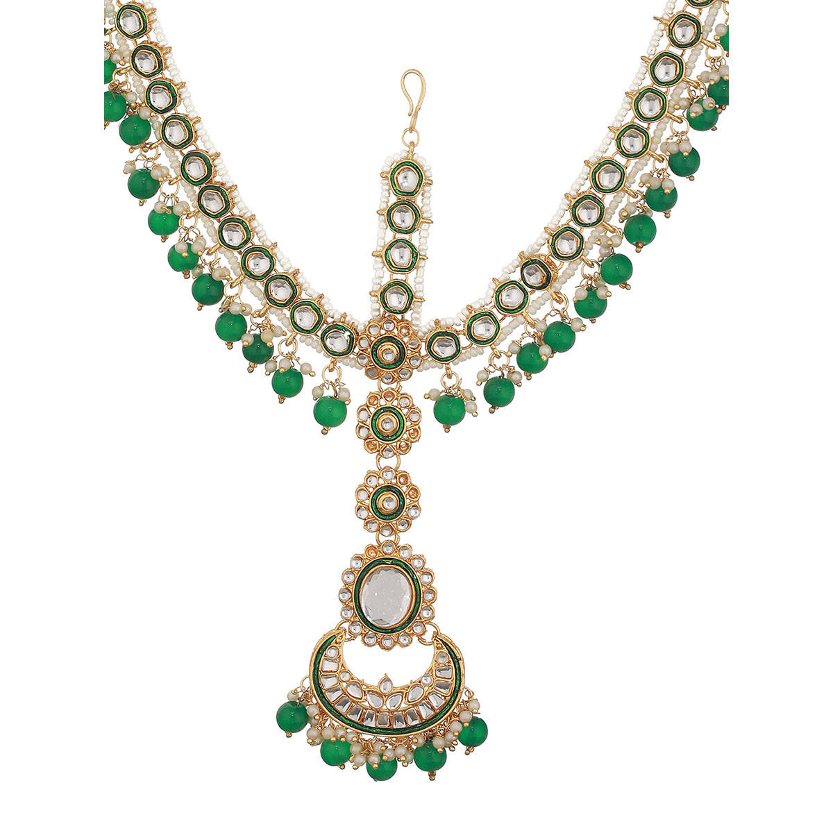 Aatmana Gold-Plated Green Pearls Stone Studded Mathapatti