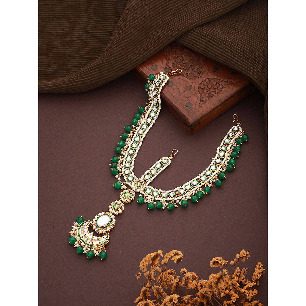 Aatmana Gold-Plated Green Pearls Stone Studded Mathapatti