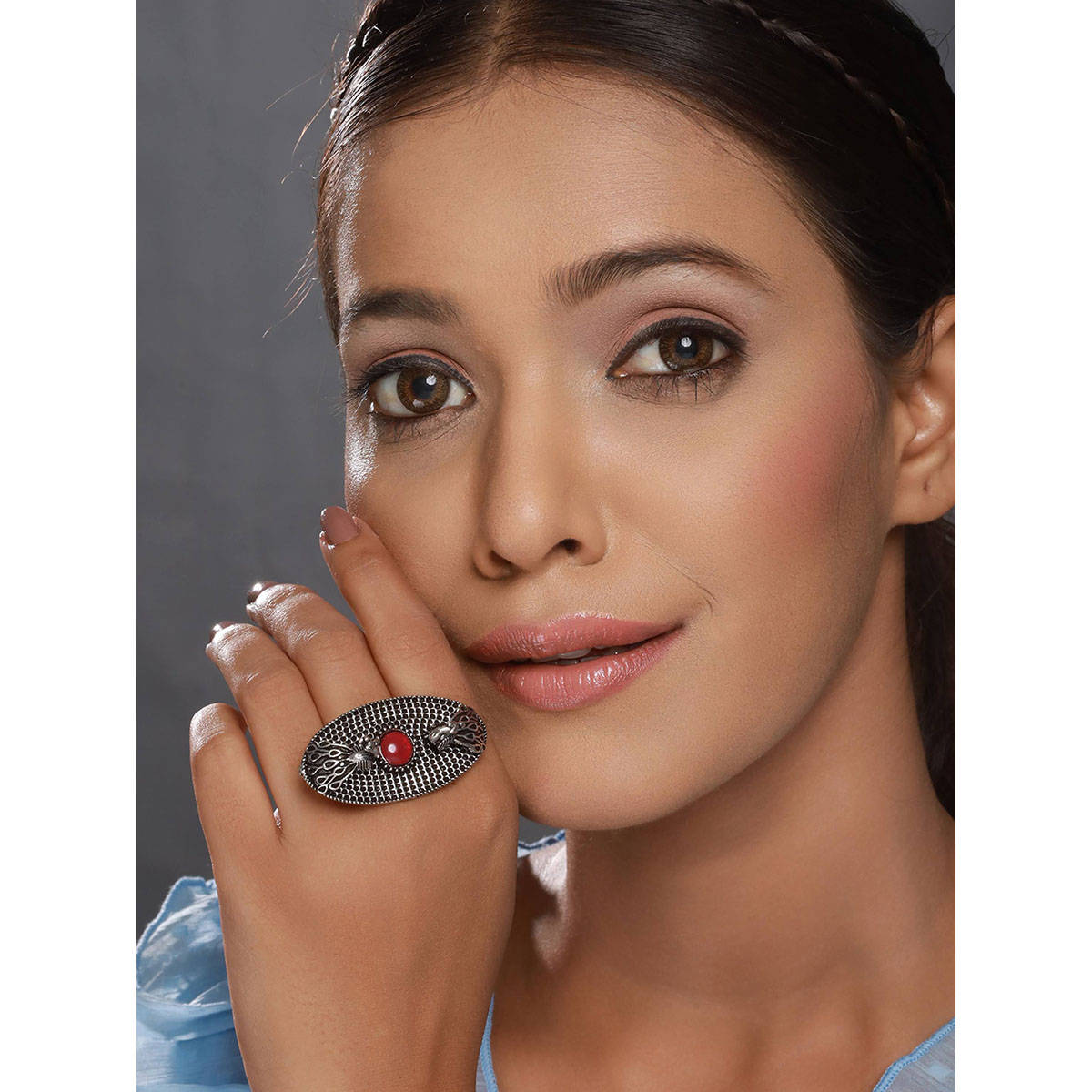 Aatmana Oxidised Silver-Plated Red Stone Studded Handcrafted Adjustable Finger Ring · Adjustable