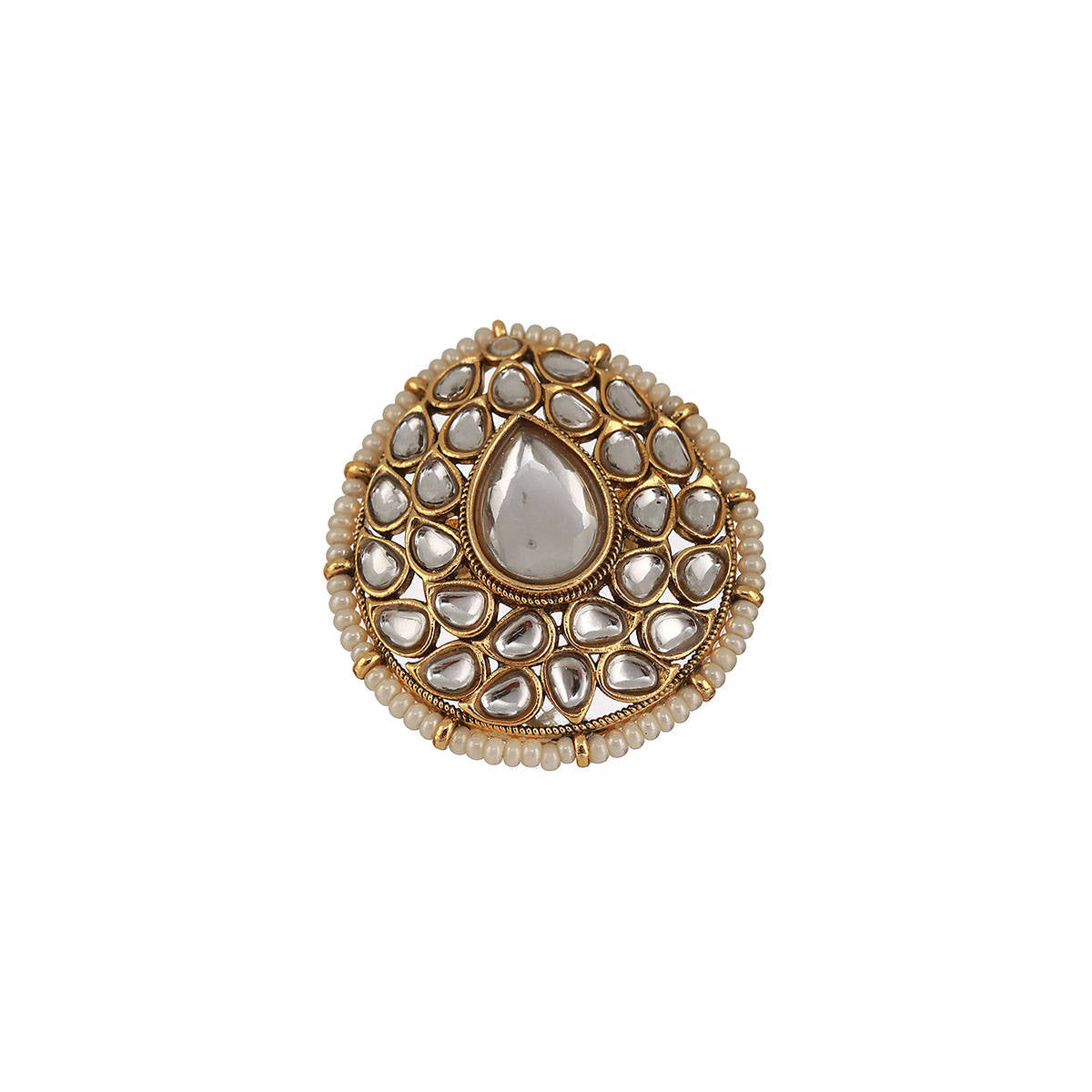 Aatmana Gold Plated White Kundan Studded and Pearl Adjustable Finger Ring