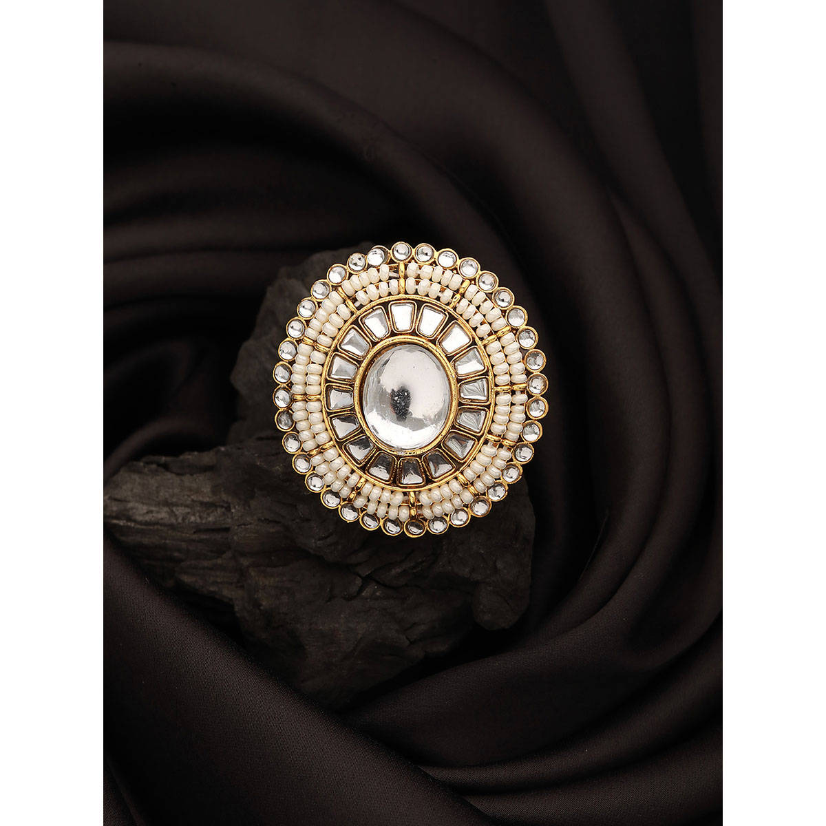 Aatmana Gold Plated White Kundan and Pearl Adjustable Finger Ring
