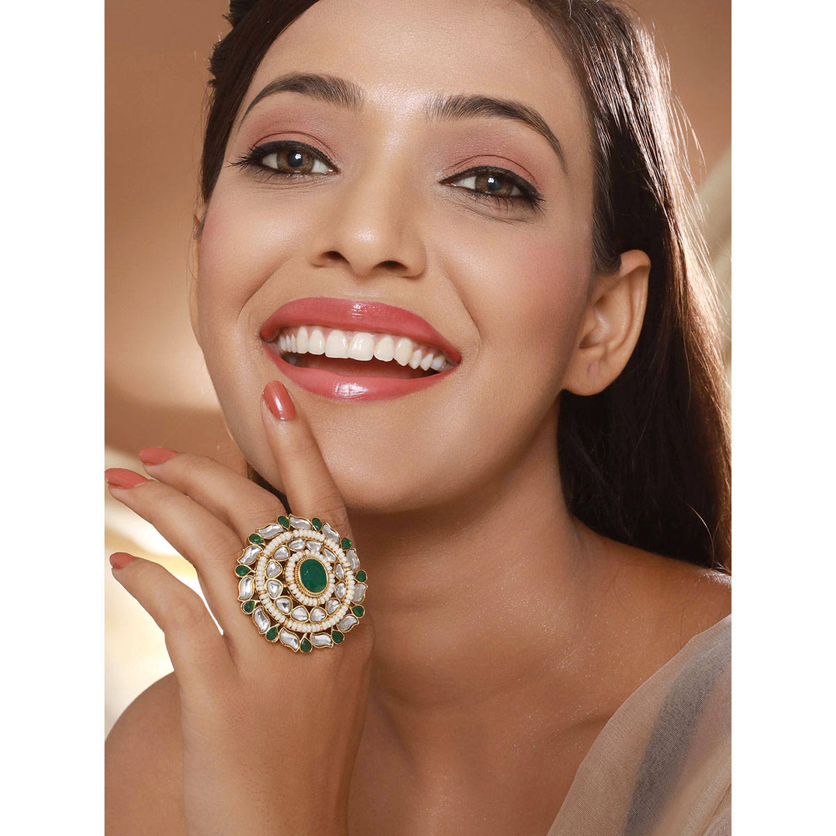 Aatmana Gold-Plated Green Kundan-Studded and Pearl Adjustable Finger Ring