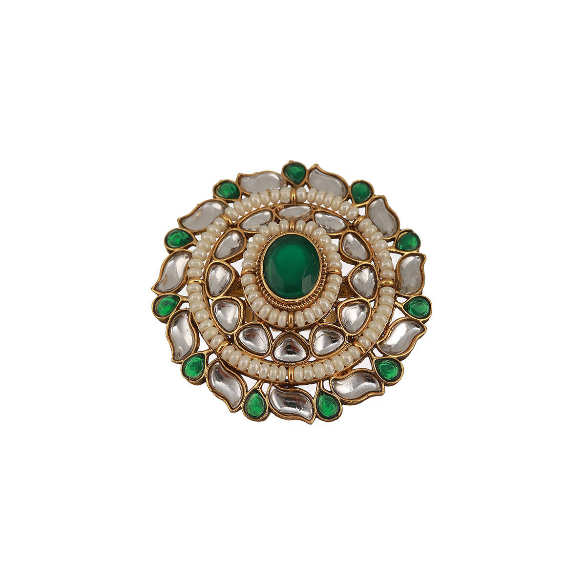 Aatmana Gold-Plated Green Kundan-Studded and Pearl Adjustable Finger Ring