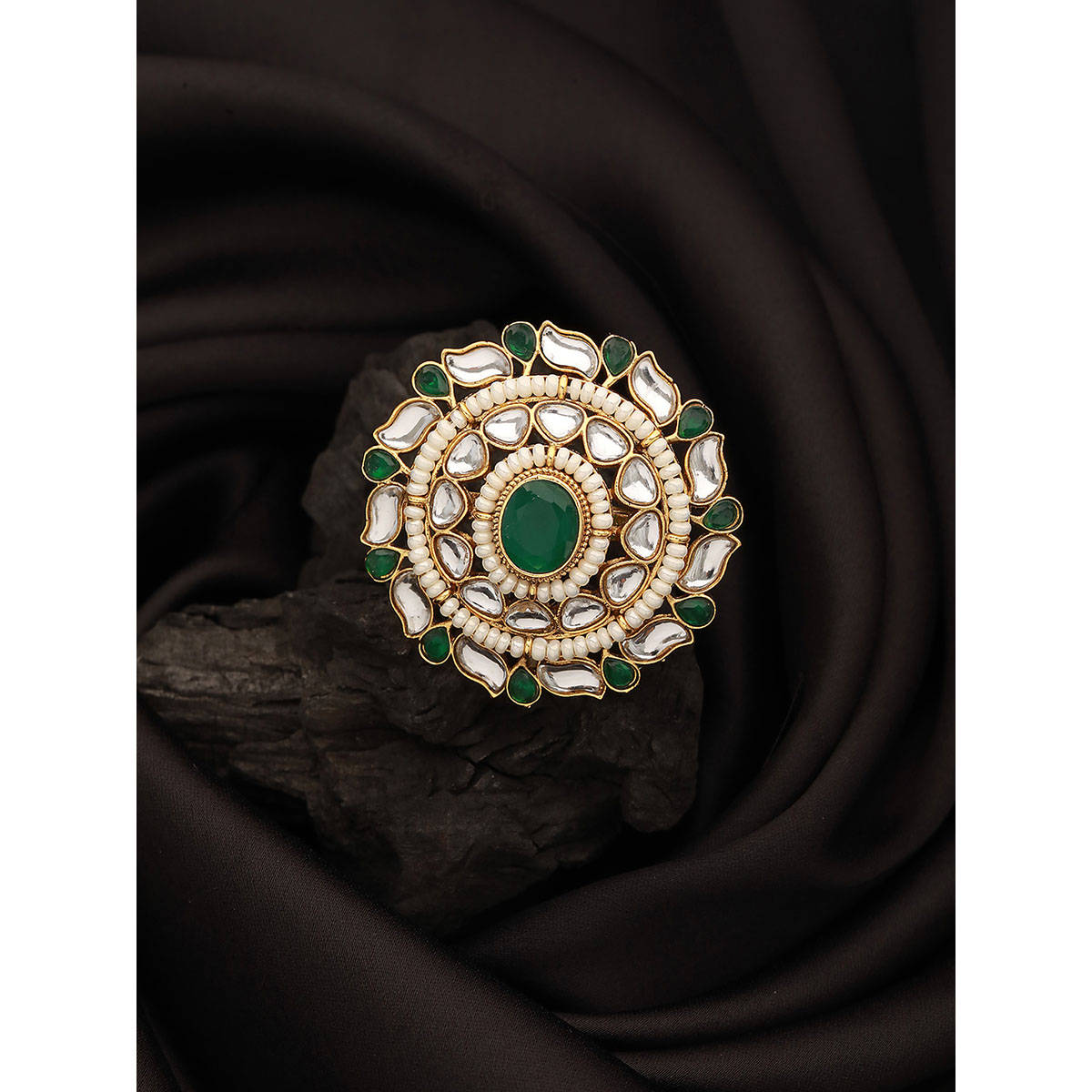 Aatmana Gold-Plated Green Kundan-Studded and Pearl Adjustable Finger Ring