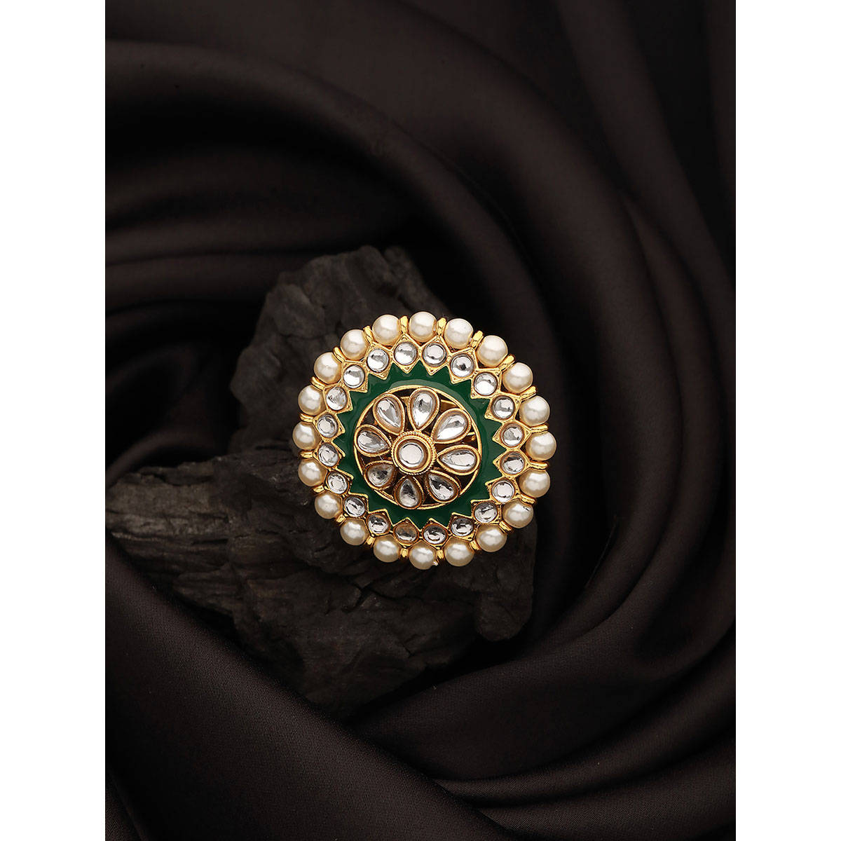 Aatmana Gold Plated White Kundan and Pearl Green Meenakari Adjustable Finger Ring