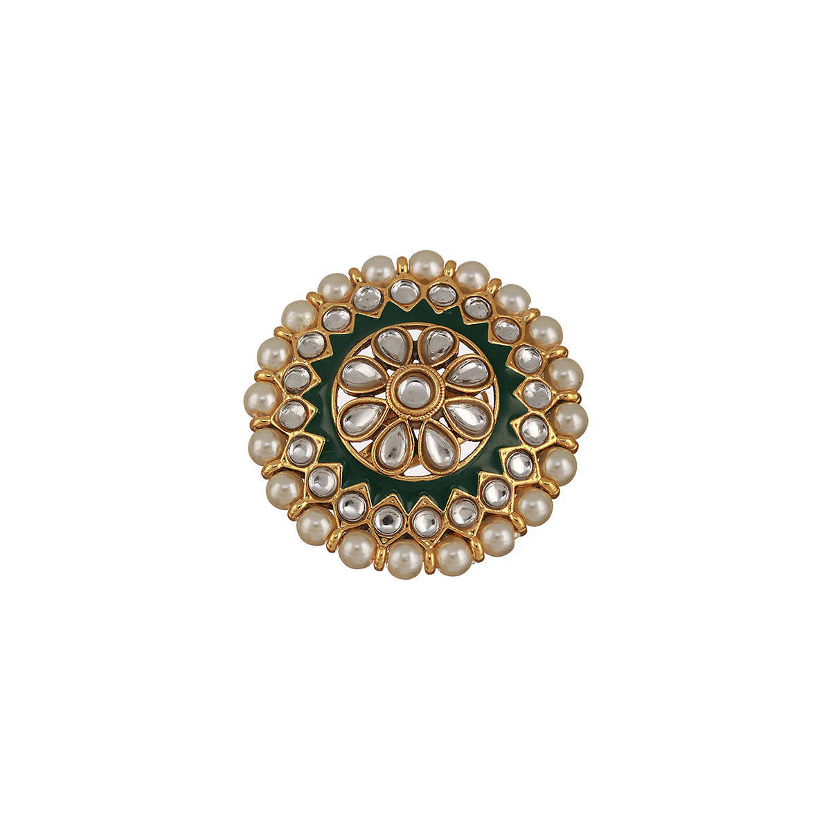 Aatmana Gold Plated White Kundan and Pearl Green Meenakari Adjustable Finger Ring