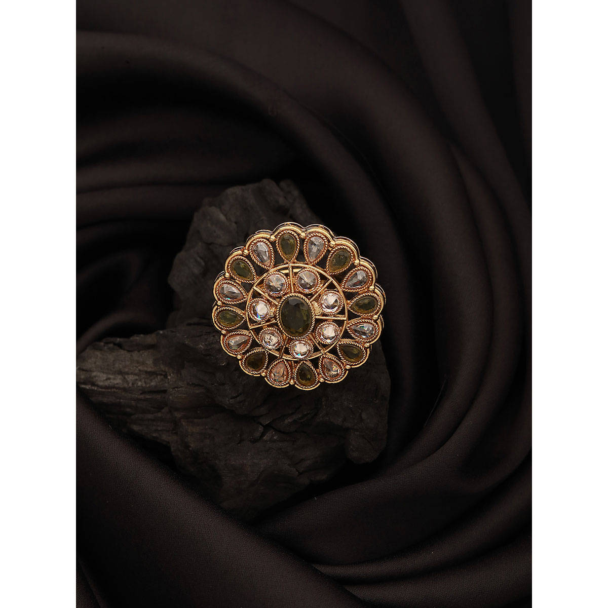 Aatmana Gold Plated Green and White Kundan-Studded Adjustable Finger Ring