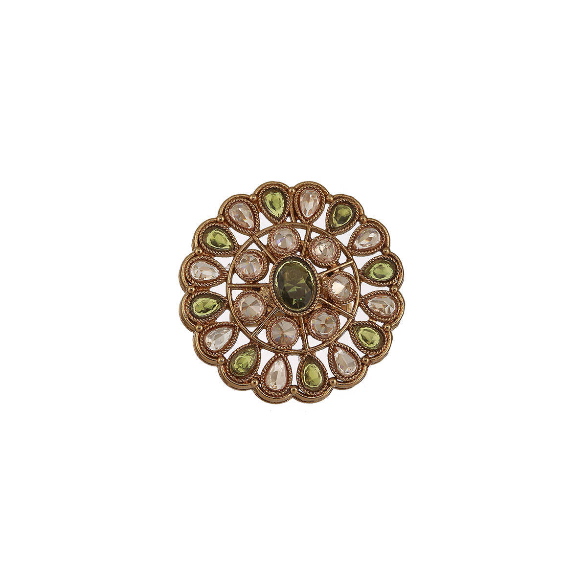 Aatmana Gold Plated Green and White Kundan-Studded Adjustable Finger Ring