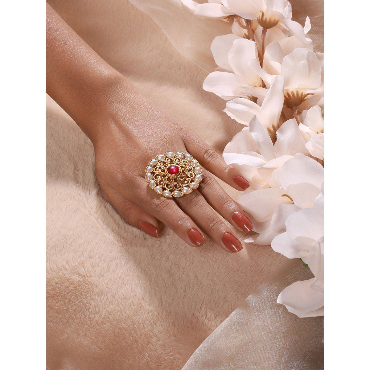Aatmana Gold-Toned Red Stone Studded Adjustable Ring