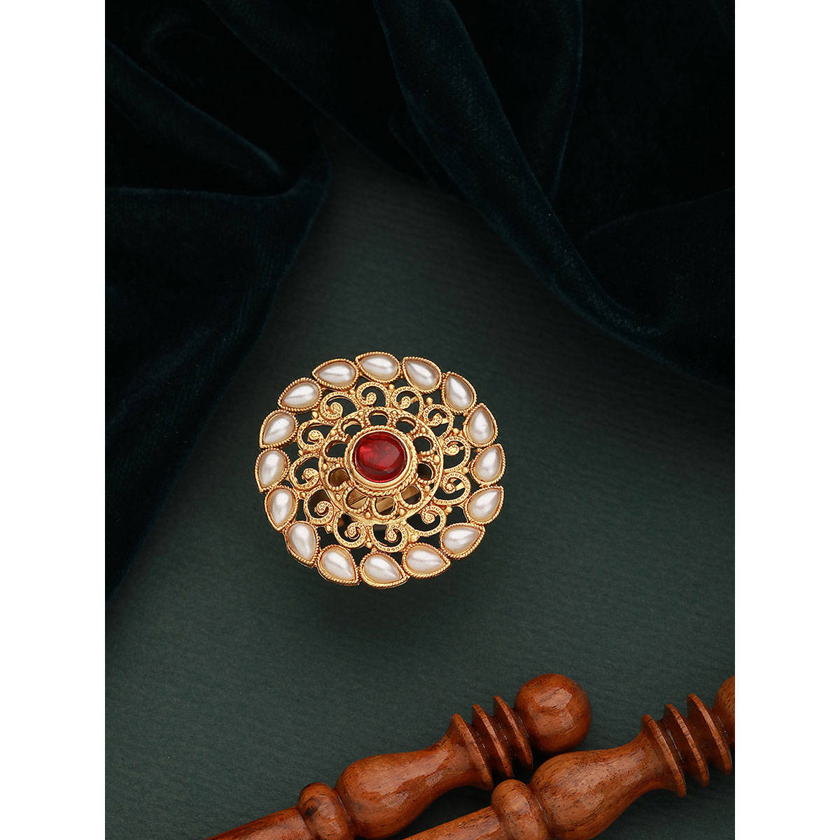 Aatmana Gold-Toned Red Stone Studded Adjustable Ring