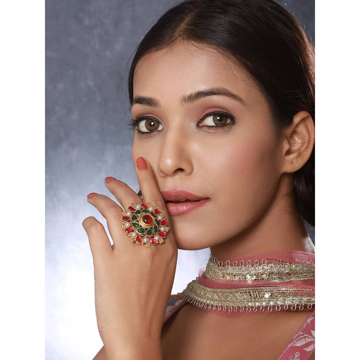 Aatmana Gold-Plated Pearl Studded Multi-Color Adjustable Finger Ring