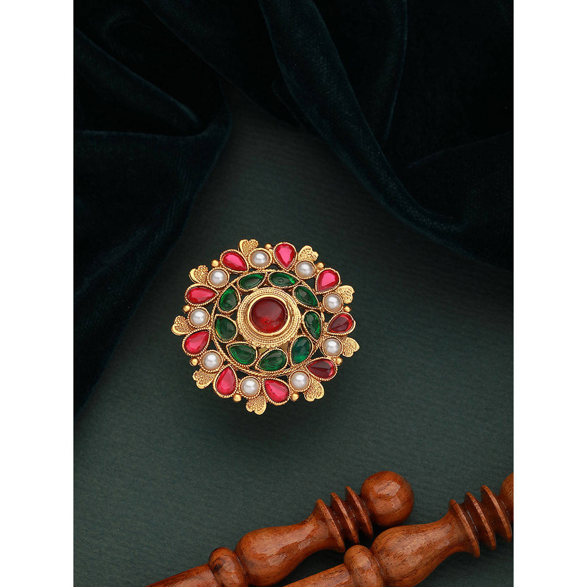 Aatmana Gold-Plated Pearl Studded Multi-Color Adjustable Finger Ring