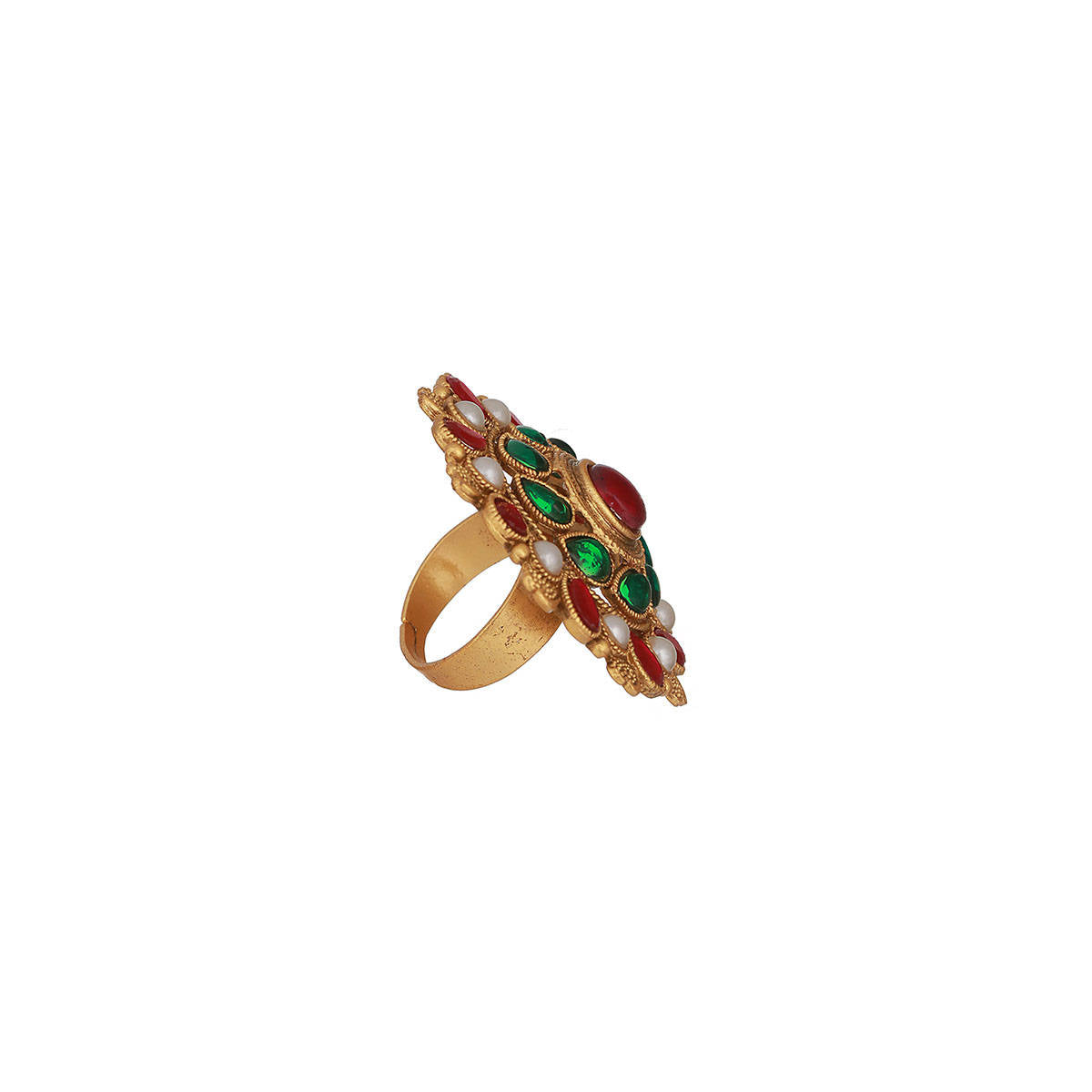 Aatmana Gold-Plated Pearl Studded Multi-Color Adjustable Finger Ring