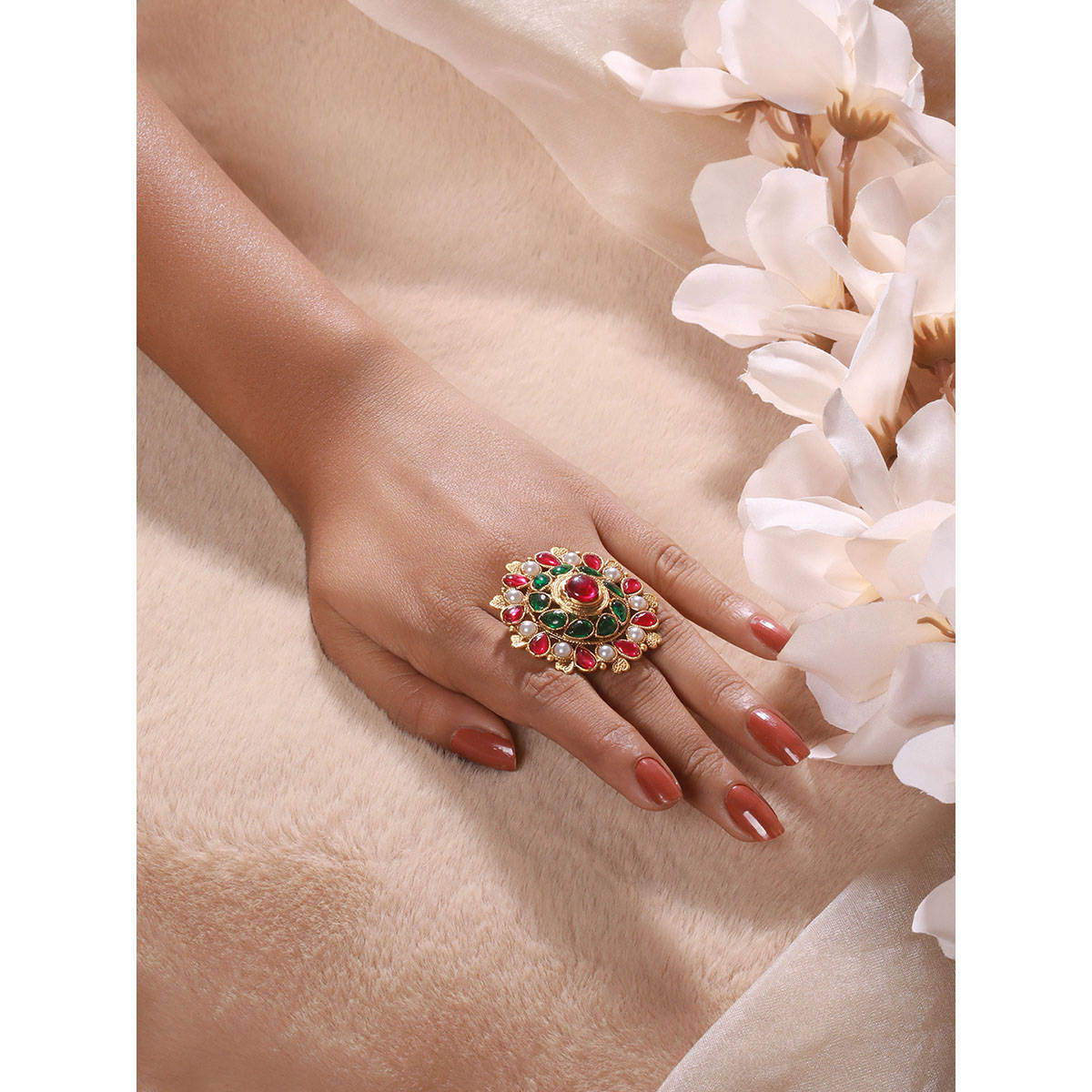 Aatmana Gold-Plated Pearl Studded Multi-Color Adjustable Finger Ring