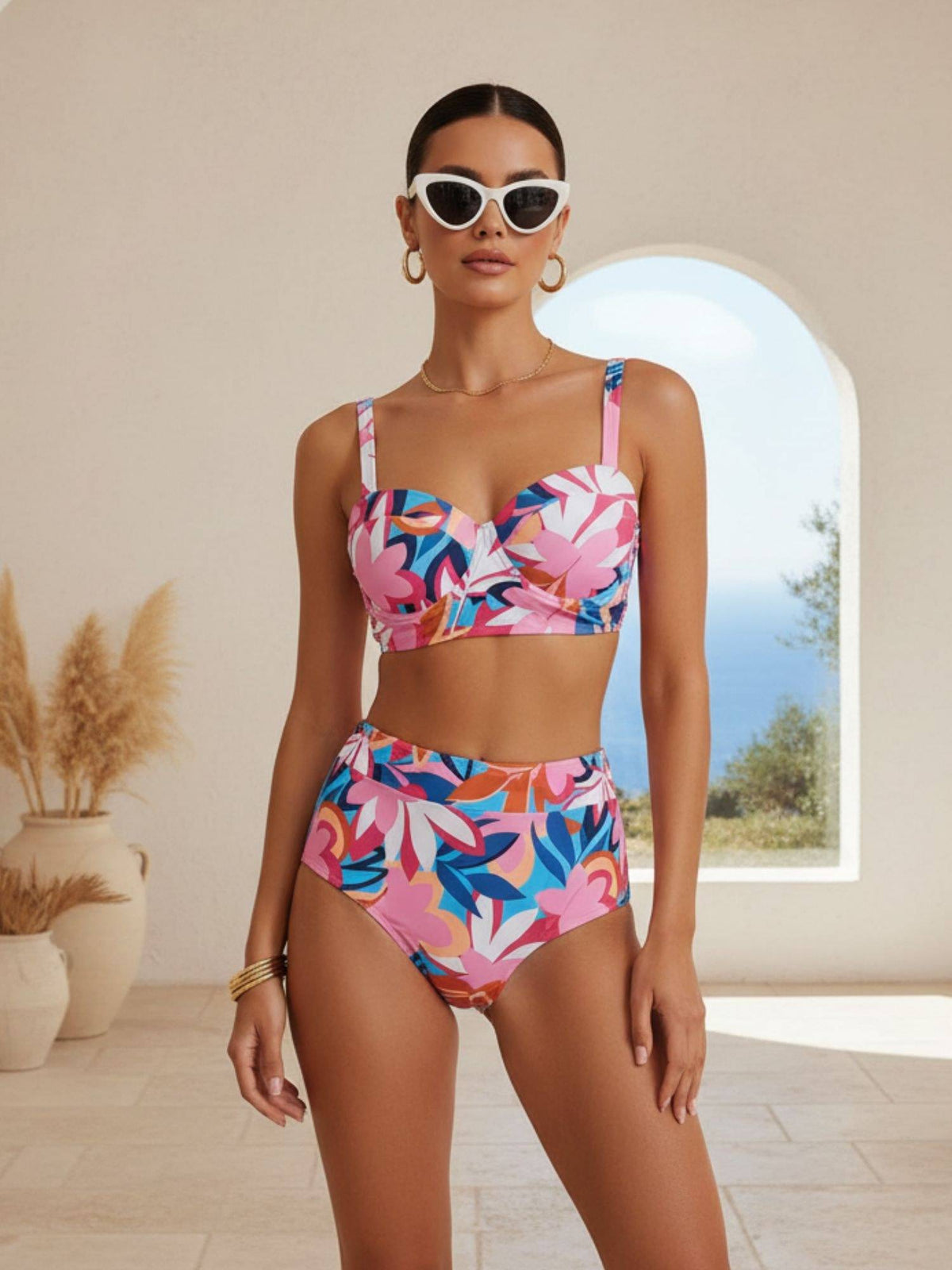 Addery Multi-Color Floral Regular Bikini Top and Bikini Bottom (S) · S