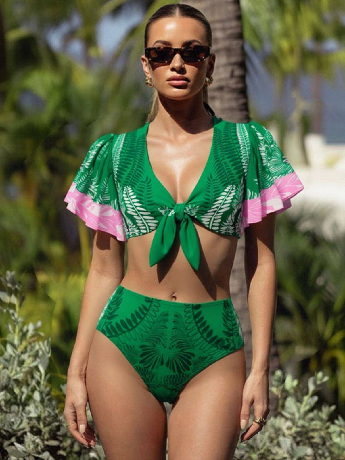 Addery Green Printed Regular Bikini Top and Bikini Bottom (S) · S
