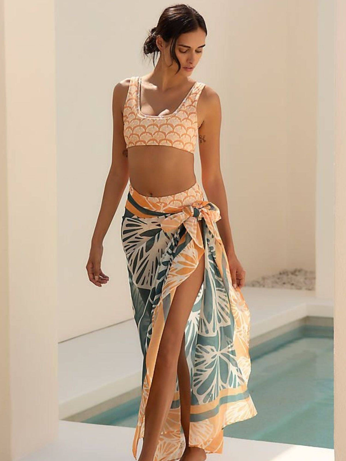 Addery Cream Printed Regular Bikini Top and Bottom with Sarong (S) · S