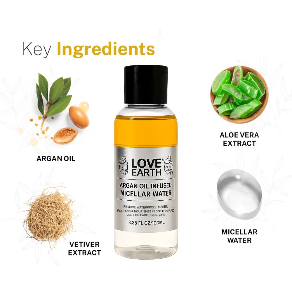 Love Earth Argan Oil-Infused Micellar Water Makeup Remover with Argan Oil & Micellar Water (100ml)