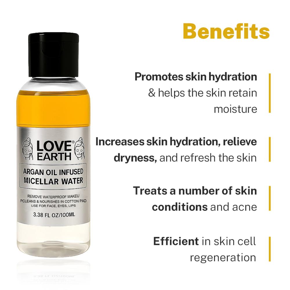 Love Earth Argan Oil-Infused Micellar Water Makeup Remover with Argan Oil & Micellar Water (100ml)