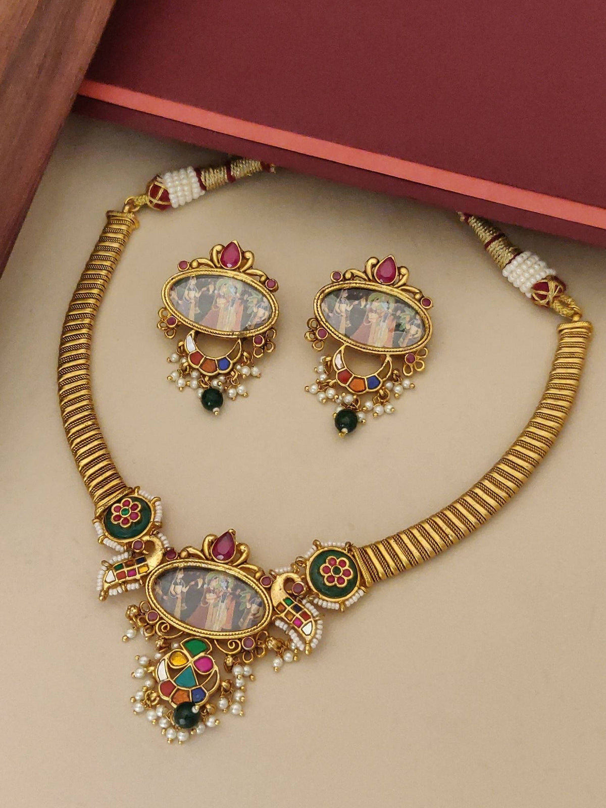 Abdesigns Multi-Color Designer Gold Plated Goddess Bead Choker Necklace With Earrings