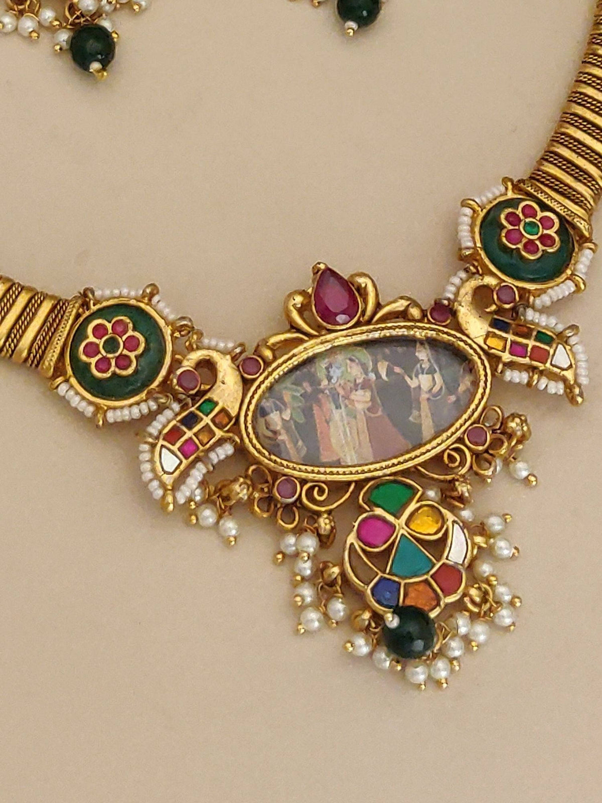 Abdesigns Multi-Color Designer Gold Plated Goddess Bead Choker Necklace With Earrings