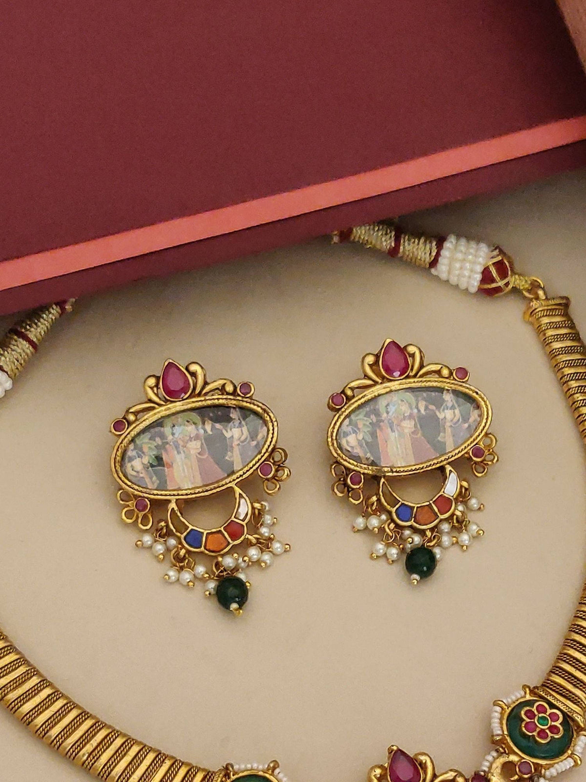 Abdesigns Multi-Color Designer Gold Plated Goddess Bead Choker Necklace With Earrings