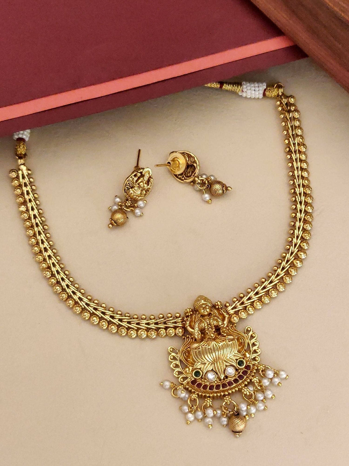 Abdesigns White Gold Plated Polki Kempstone Studded Temple Necklace with Earrings