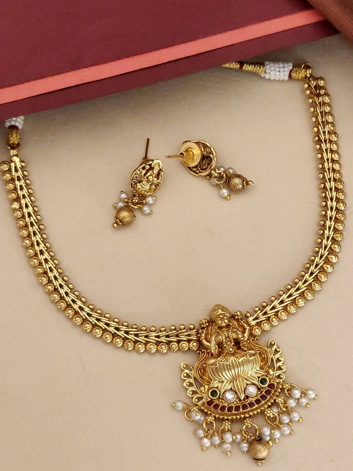 Abdesigns White Gold Plated Polki Kempstone Studded Temple Necklace with Earrings